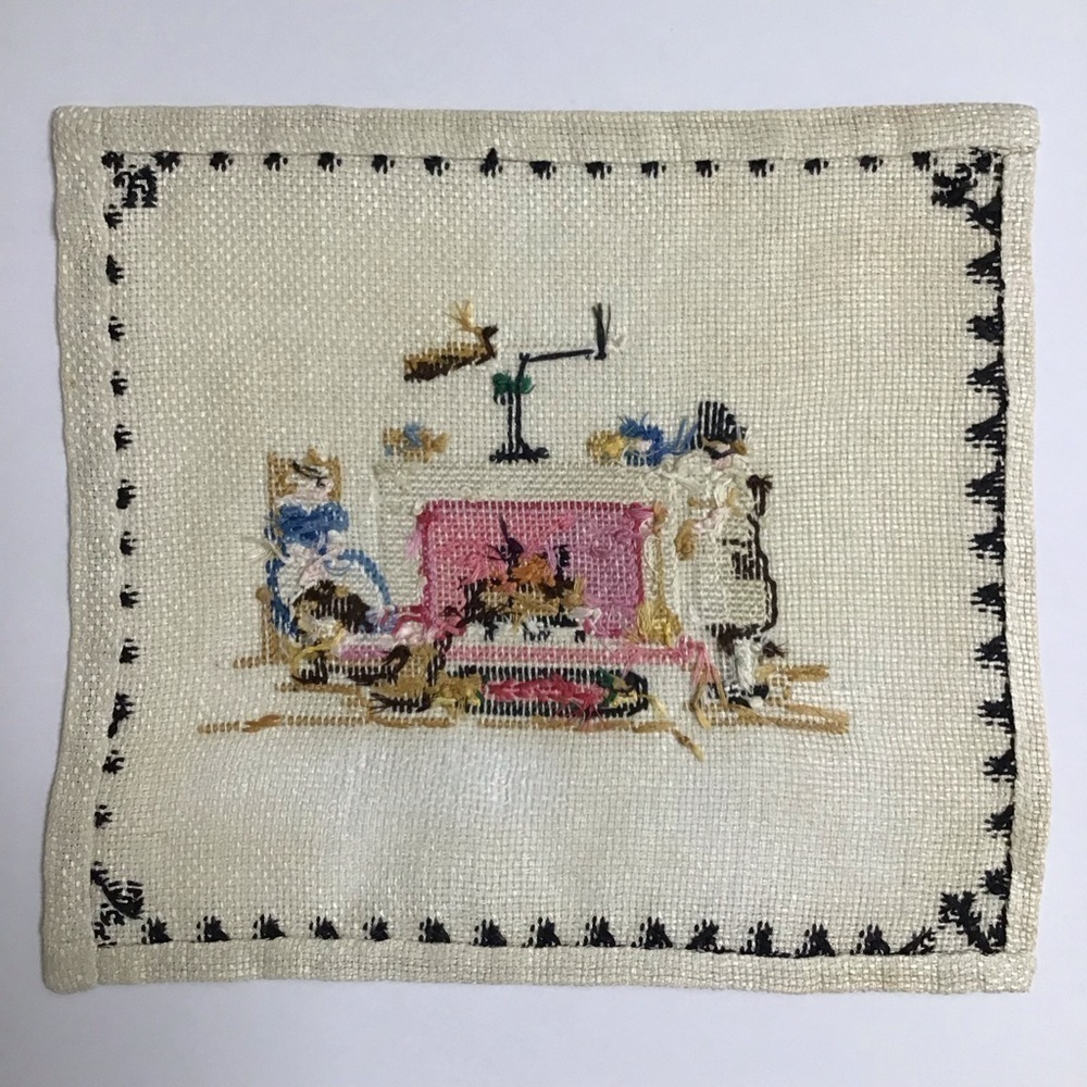 Americana Cross Stitch Sampler Colonial Pilgrim Doily Art Complete 11x12 Vintage - Picture 3 of 16